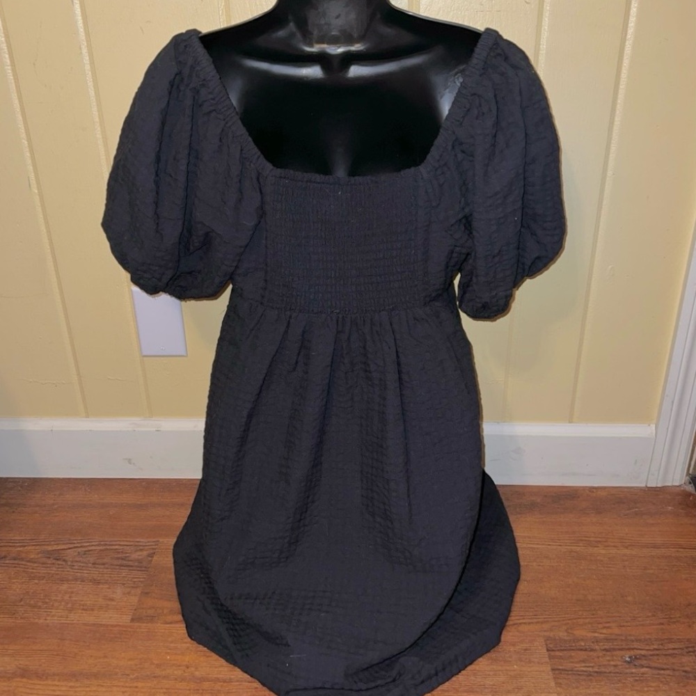 Old Navy Black Smocked Puff Sleeve Y2K Casual Chic Fit & Flare Mini Dress Size S - Picture 8 of 10